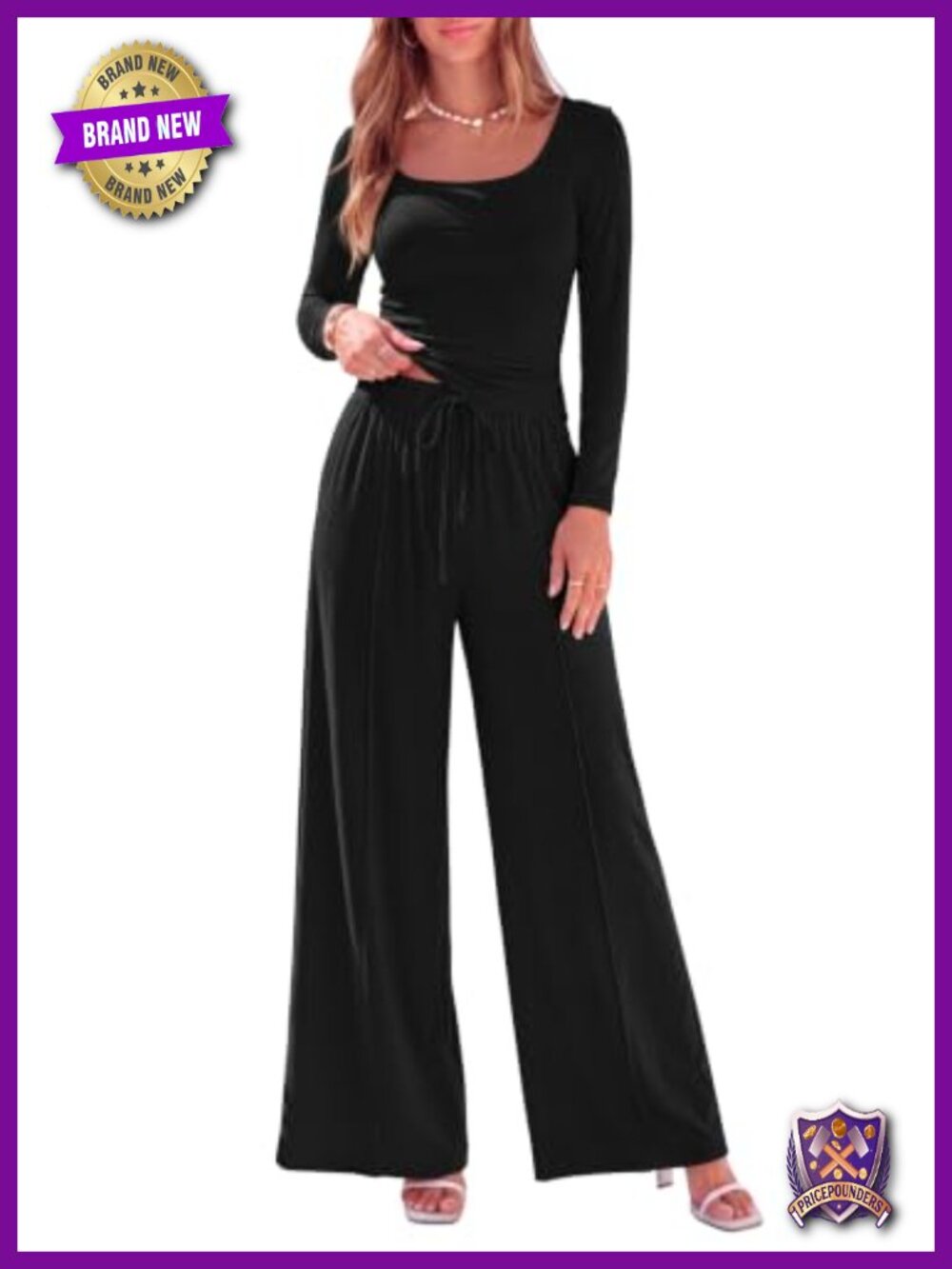 Women's 2 Piece Lounge Set Long Sleeve Crop Top Wide Leg Pants Square Neck